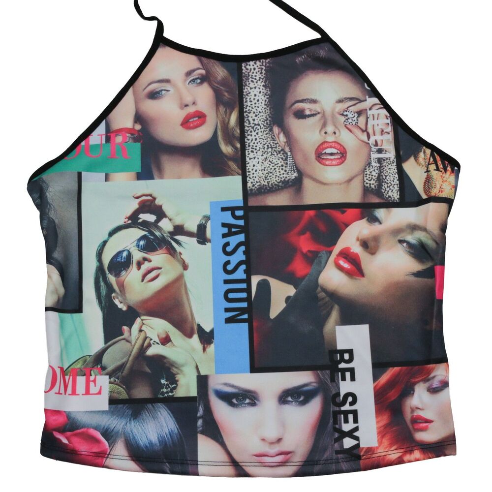 Blush Women's L Halter Crop TopMagazine Collage Print Graphic Sleeveless Blouse